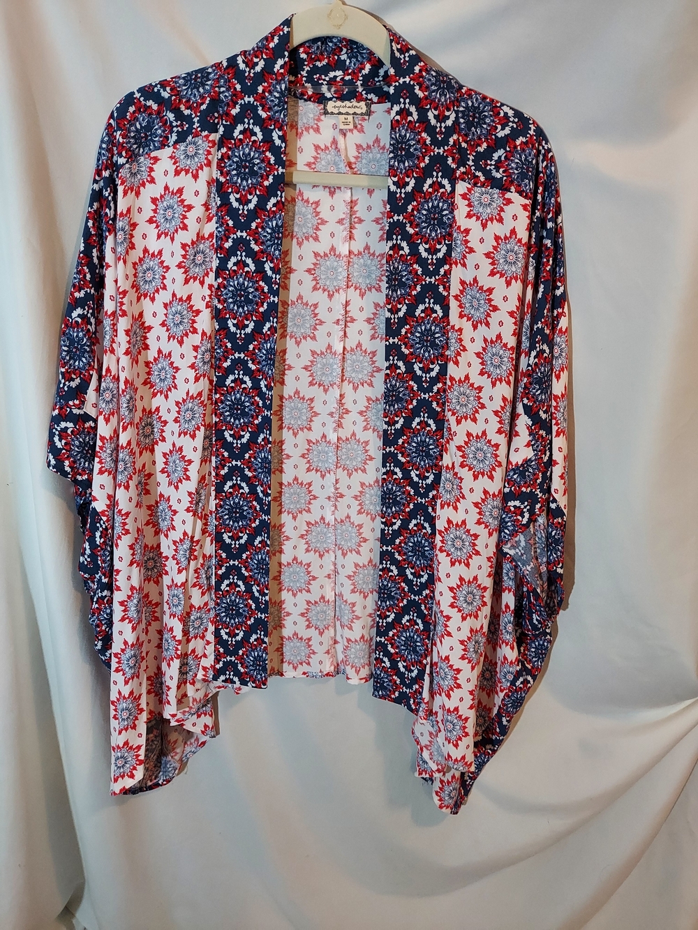 Eyeshadow Boho Patriotic Red White & Blue Medallion Open Front Kimono Wrap M